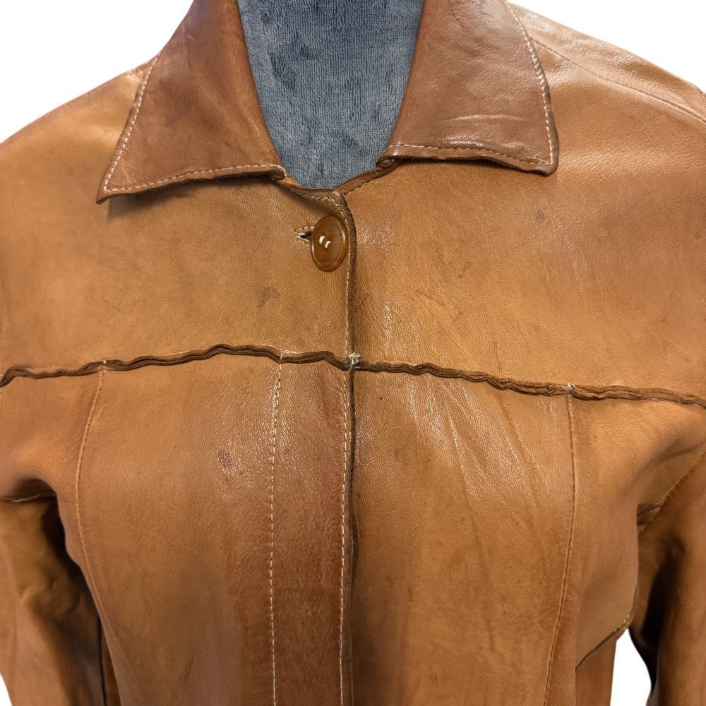 Blur Vintage‎ Tan Leather Long Coat Button Front Collared Trench Style O… - Picture 2 of 10
